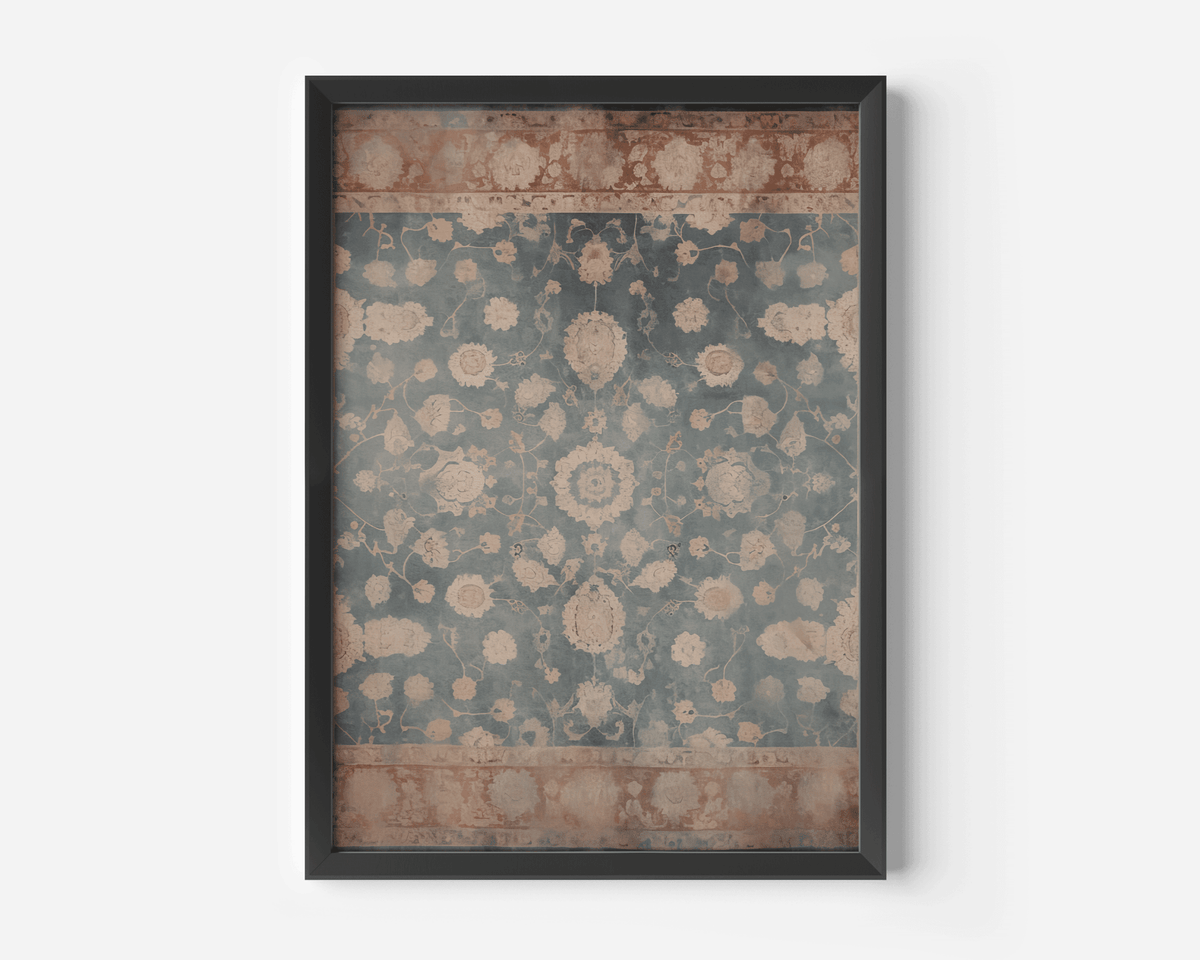 Black framed vintage tapestry wall art in dusty blue and terracotta botanical pattern