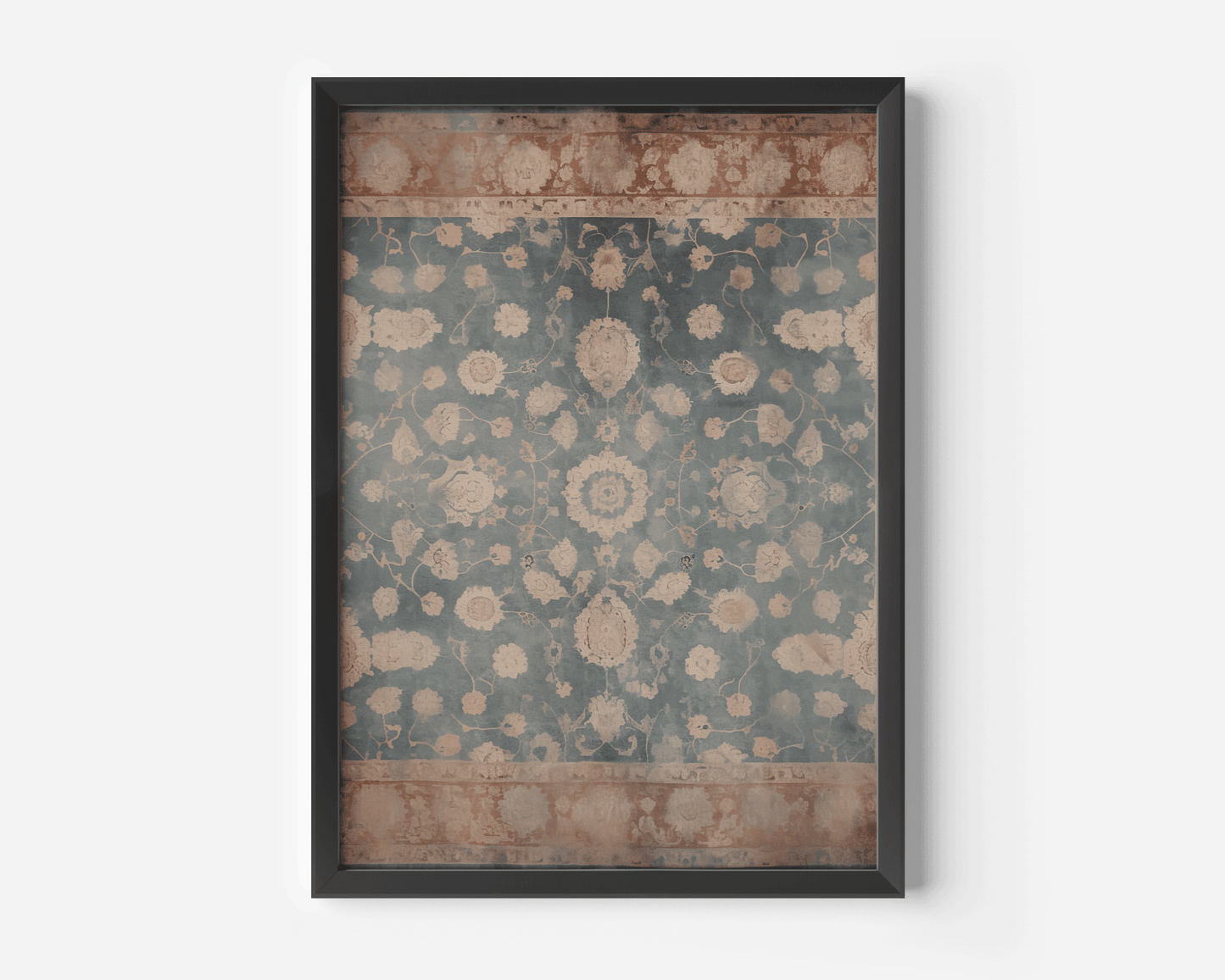 Black framed vintage tapestry wall art in dusty blue and terracotta botanical pattern
