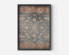 Black framed vintage tapestry wall art in dusty blue and terracotta botanical pattern