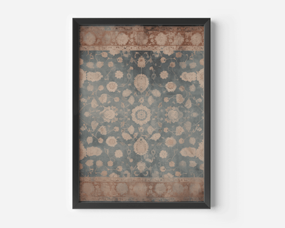 Black framed vintage tapestry wall art in dusty blue and terracotta botanical pattern