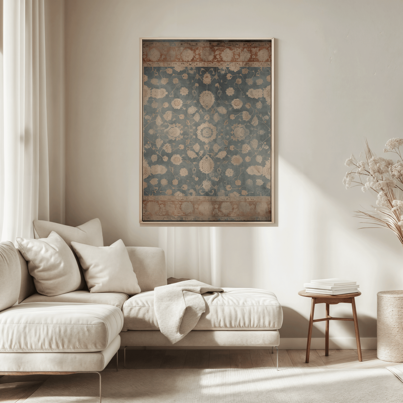 Natural framed vintage tapestry wall art above a beige sofa in a living room