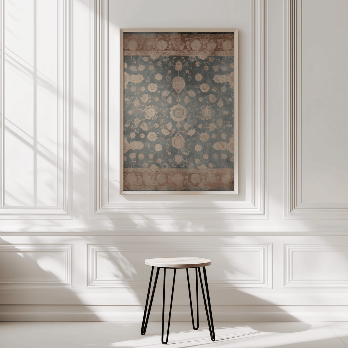 Vintage tapestry wall art in natural frame displayed in a minimalist white panelled room