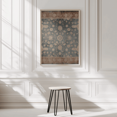Vintage tapestry wall art in natural frame displayed in a minimalist white panelled room
