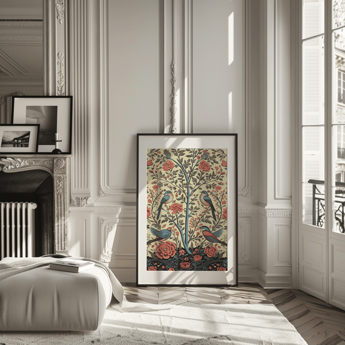 Vintage textile bird print in a black frame in a Parisian-style room with a fireplace