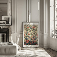 Vintage textile bird print in a black frame in a Parisian-style room with a fireplace