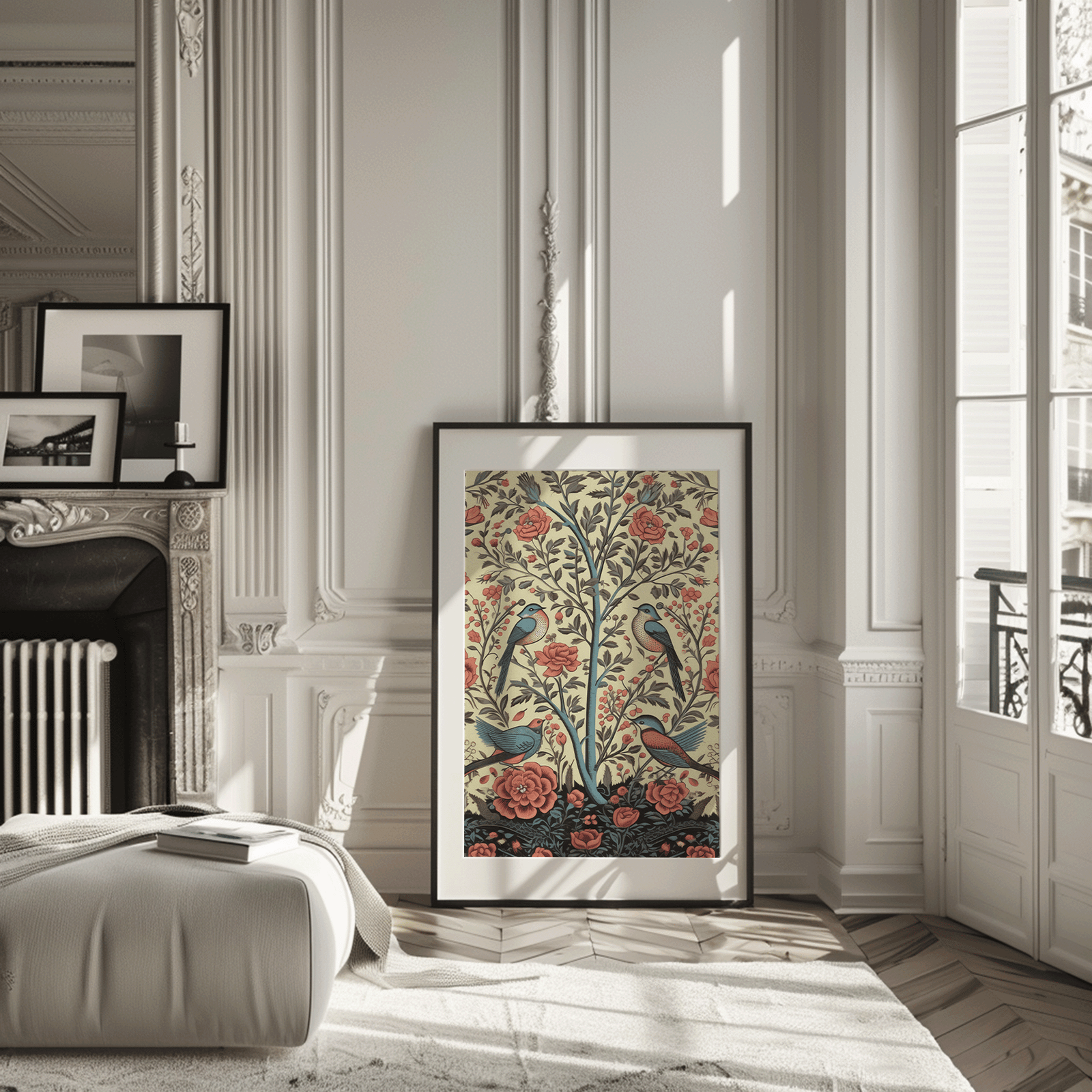 Vintage textile bird print in a black frame in a Parisian-style room with a fireplace