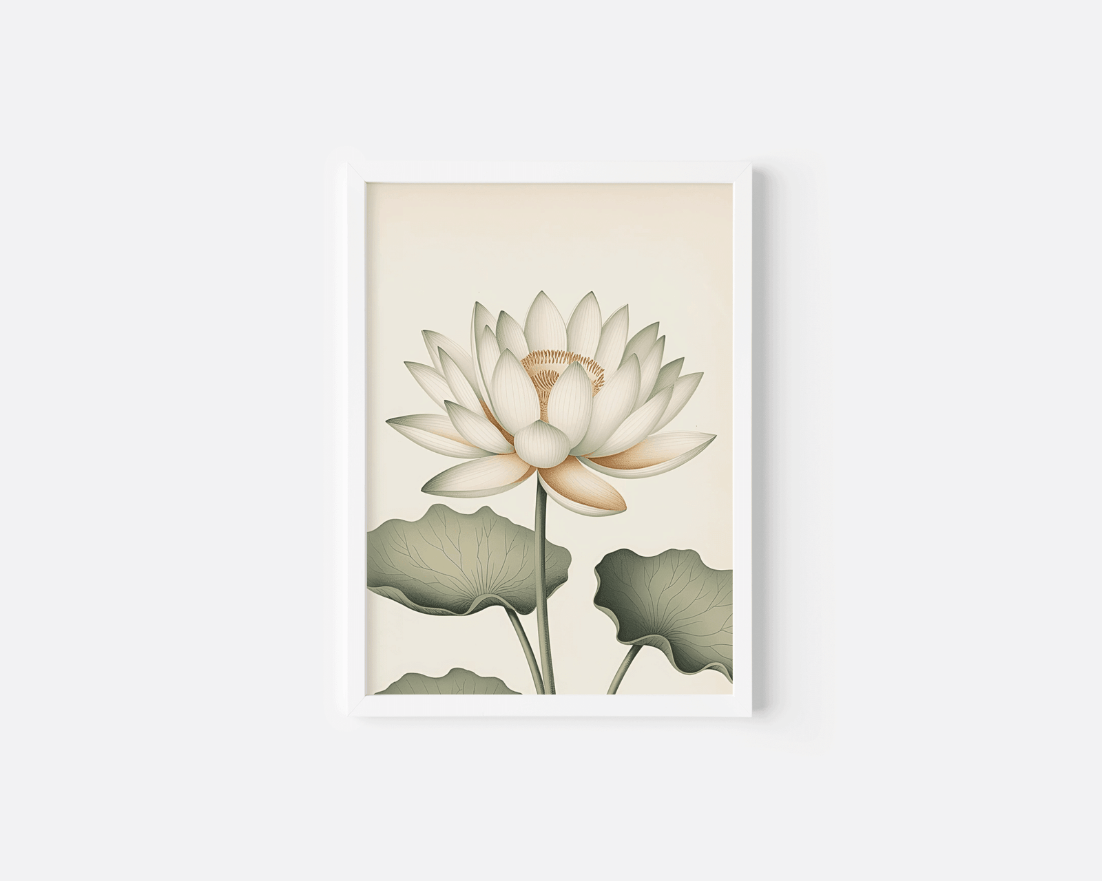 White lotus flower wall art in a sleek white frame displayed on a soft neutral wall for a minimalist decor look