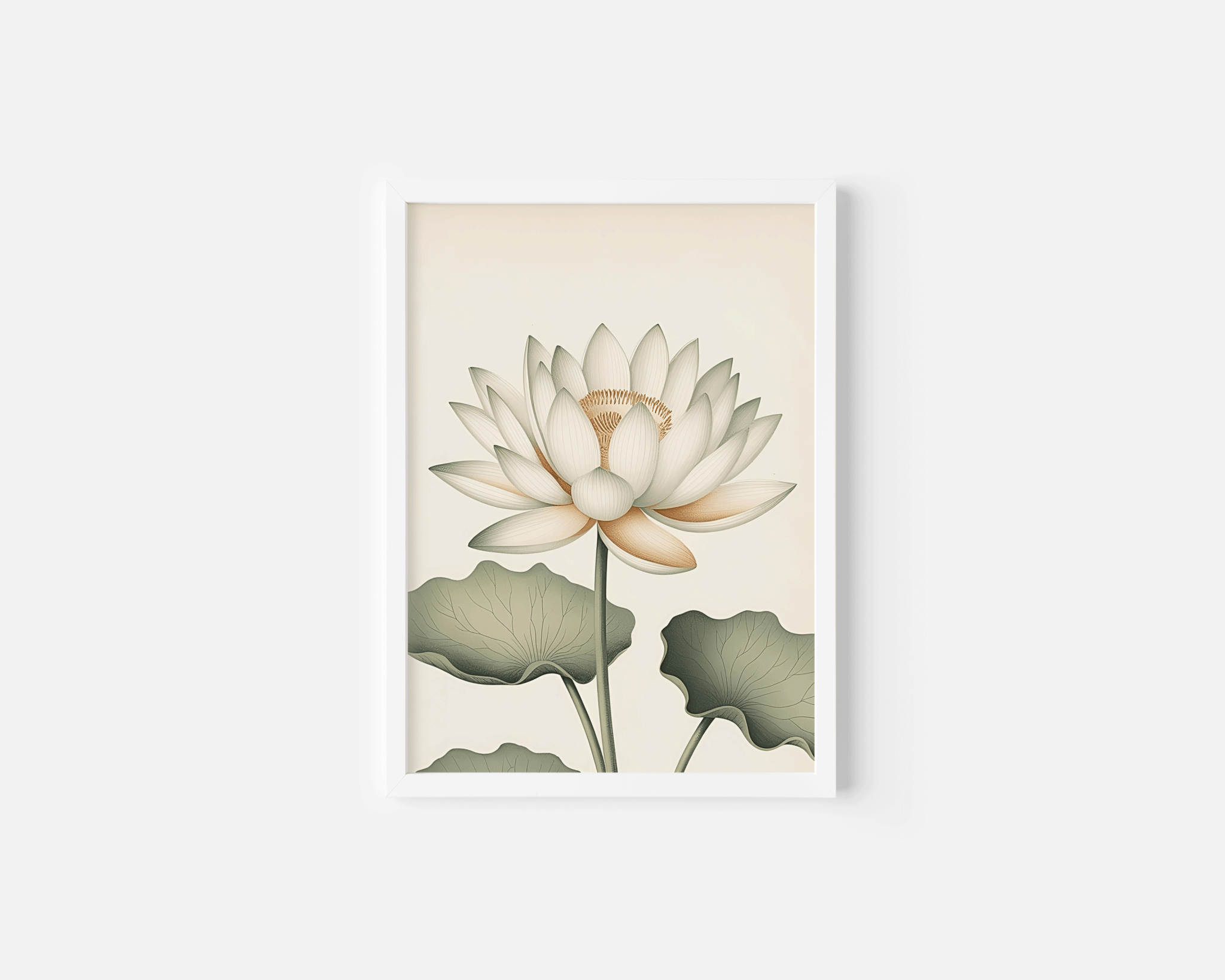 White lotus flower wall art in a sleek white frame displayed on a soft neutral wall for a minimalist decor look