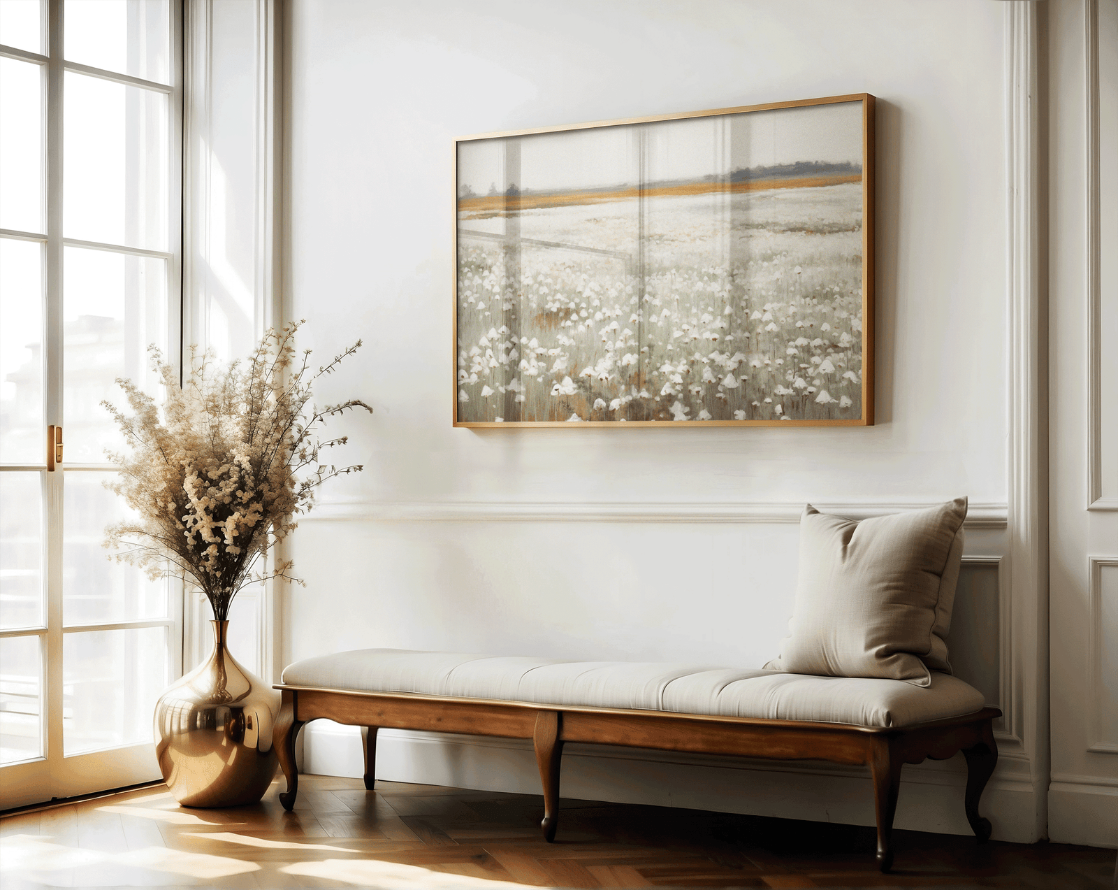 vintage wildflower field framed wall art over bench with floral vase, rustic neutral entryway or hallway wall decor