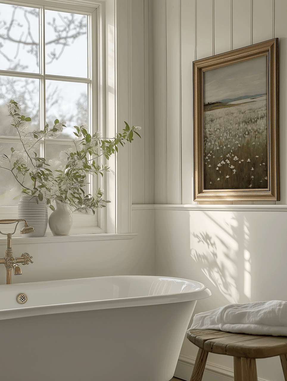 Vintage wildflower landscape print in a warm gold frame above a soaking tub