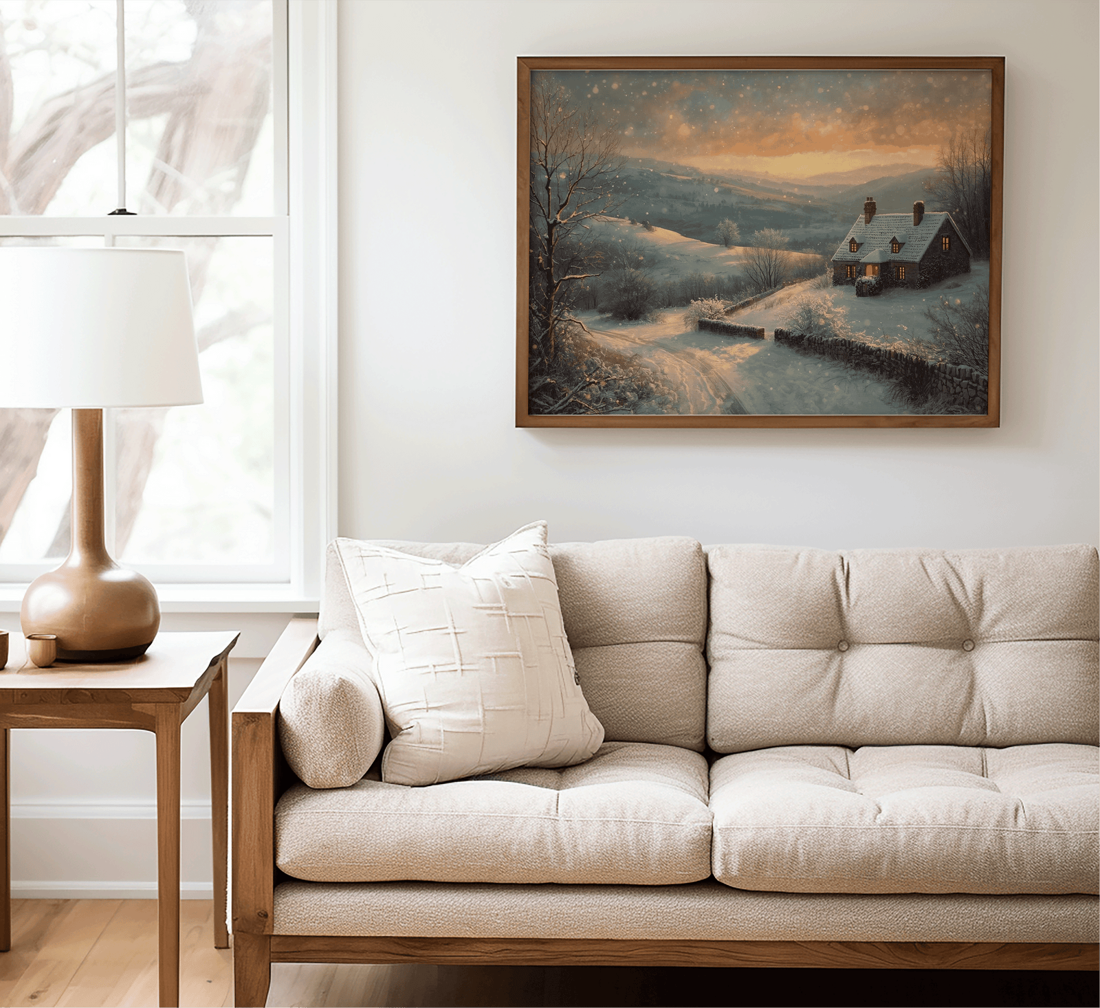 Vintage winter cottage wall art mockup displayed above a neutral sofa in a bright living room, featuring a snowy Christmas landscape canvas print in soft painterly tones.