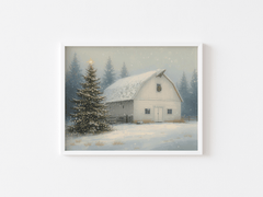 Vintage winter farmhouse barn print in a white frame with twinkling tree lights and gentle snowfall