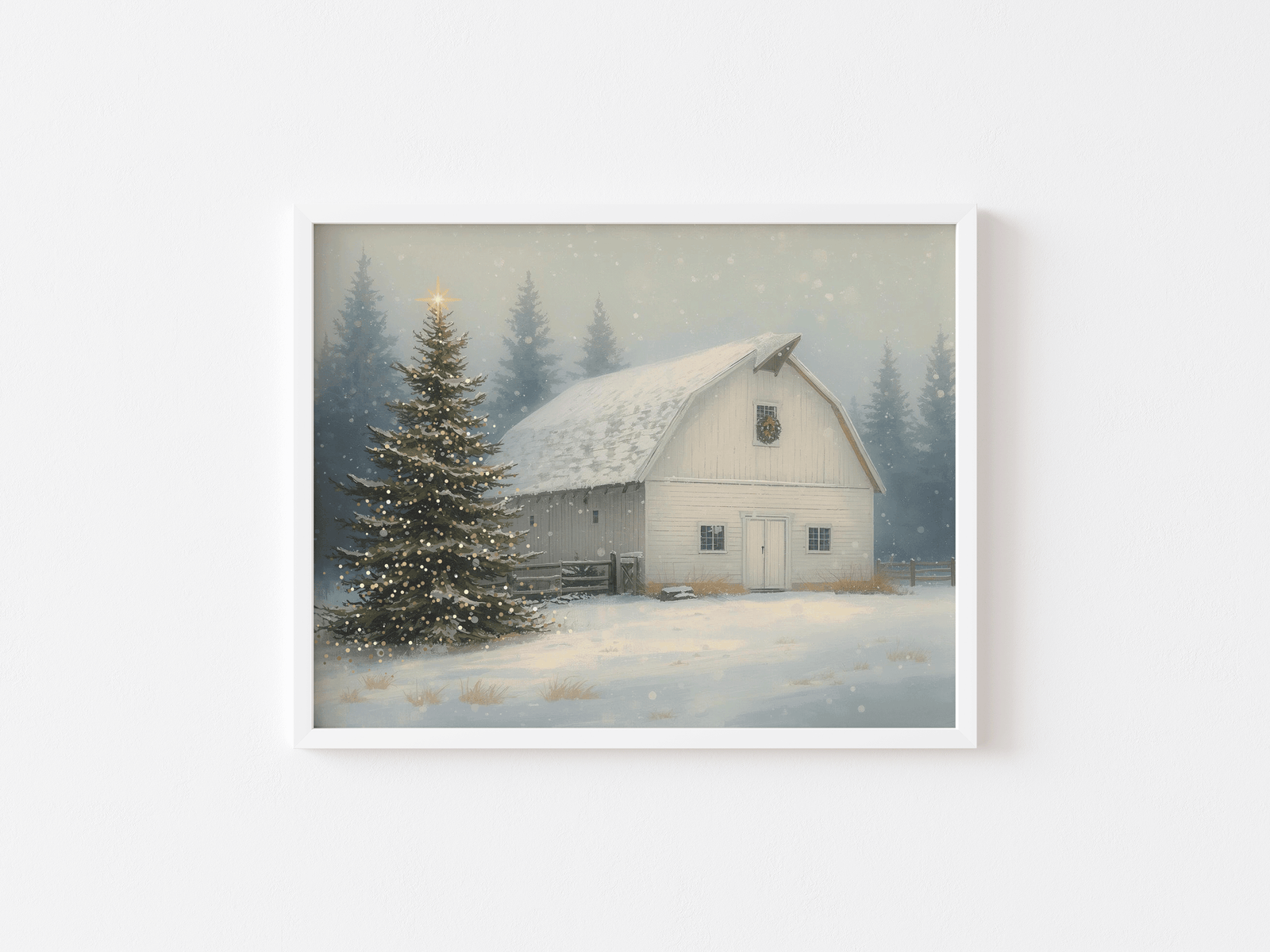White framed vintage winter farmhouse barn artwork with twinkling tree lights and gentle snowfall, perfect for cottage-style Christmas décor and timeless holiday wall art displays