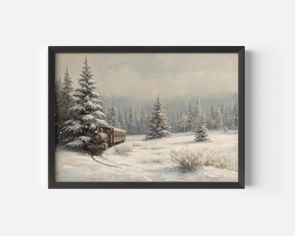 Vintage Christmas steam train print in a black frame with frosted evergreens and soft neutral winter tones