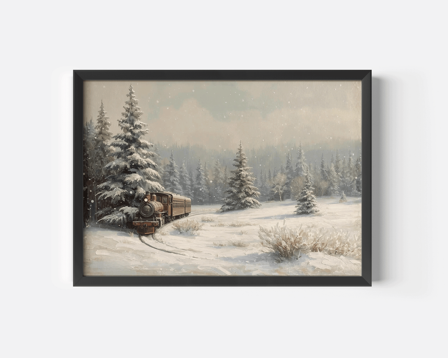 Black-framed print of a vintage Christmas steam train traveling through a snowy forest landscape, with textured oil-painting brushstrokes, frosted evergreens, and soft neutral winter tones on a white background.