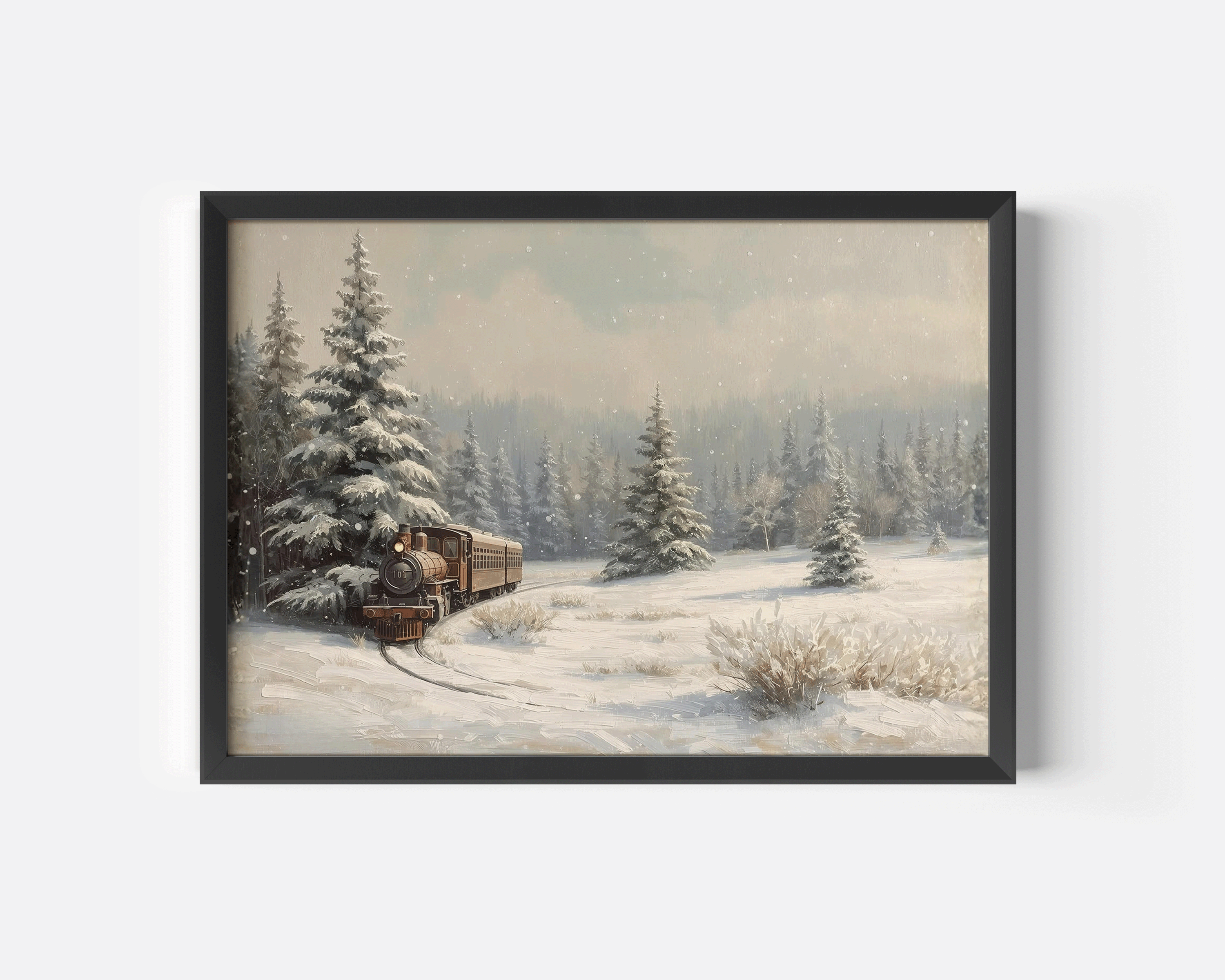 Black-framed print of a vintage Christmas steam train traveling through a snowy forest landscape, with textured oil-painting brushstrokes, frosted evergreens, and soft neutral winter tones on a white background.