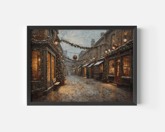 Black-framed wall art print showing a snowy vintage Christmas street with glowing windows, garlands, and textured oil painting details on a clean white background.