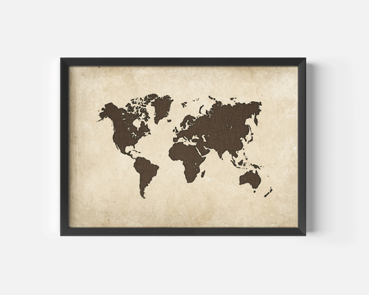 Vintage canvas art world map in sleek black frame on white wall background