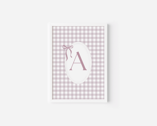 Pink gingham nursery wall art with the letter A and bow, perfect for baby girl room decor