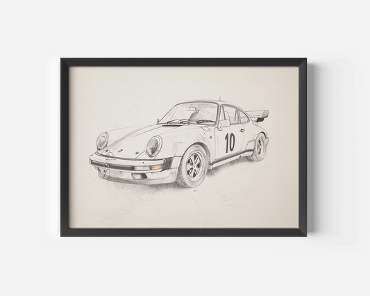 Framed sketch of a vintage Porsche-style race car with number 10, displayed in a black frame on a white background