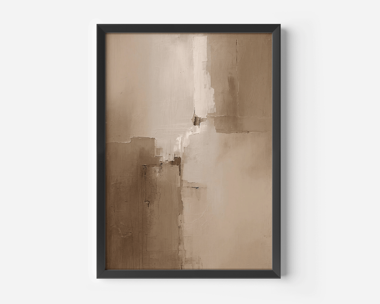 Wabi-sabi inspired warm beige abstract artwork in a modern black frame; neutral earthy brown tones with layered painterly details, printed on canvas for contemporary wall décor.