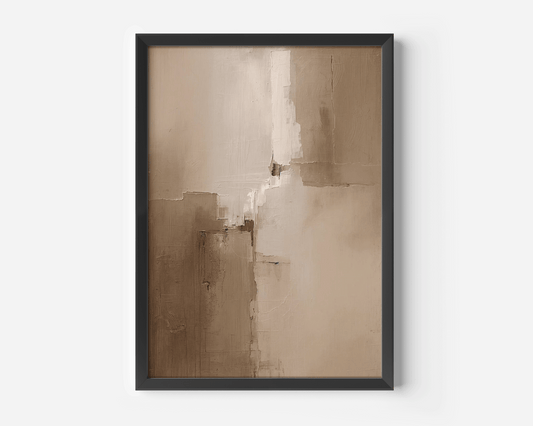 Wabi-sabi inspired warm beige abstract artwork in a modern black frame; neutral earthy brown tones with layered painterly details, printed on canvas for contemporary wall décor.