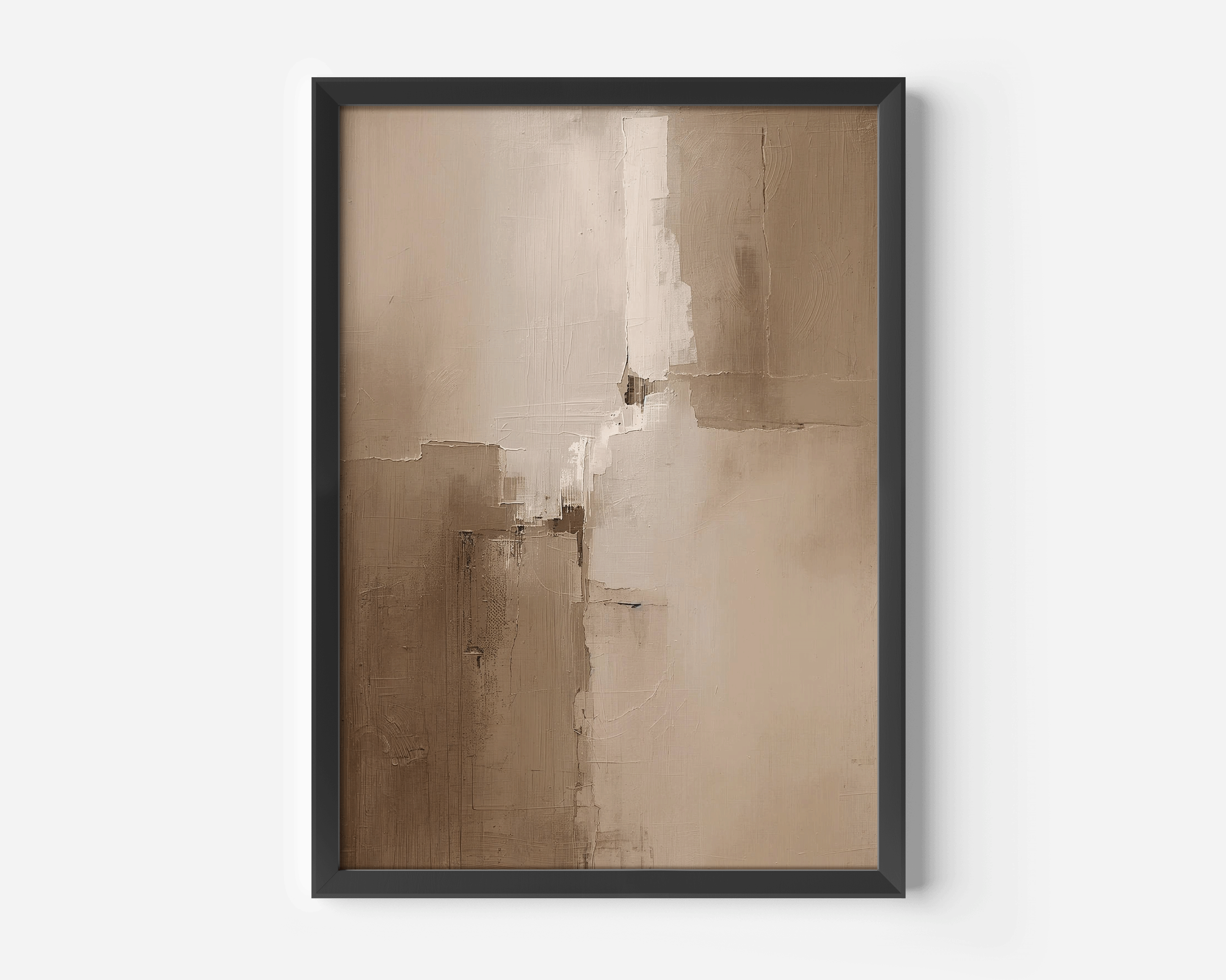 Wabi-sabi inspired warm beige abstract artwork in a modern black frame; neutral earthy brown tones with layered painterly details, printed on canvas for contemporary wall décor.