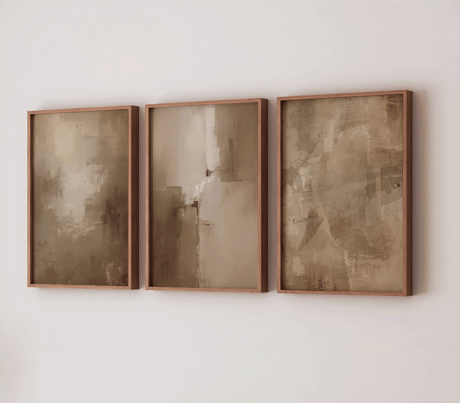 Set of three large warm beige and moody, earthy abstract canvas wall art prints in brown wood frames on a white wall