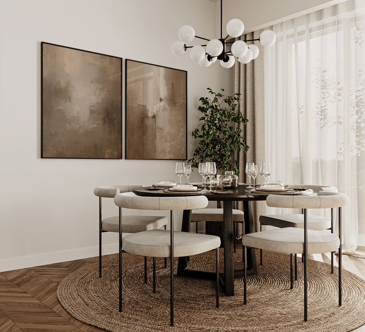 Large earthy beige and brown abstract wall art in a moody, minimal dining room