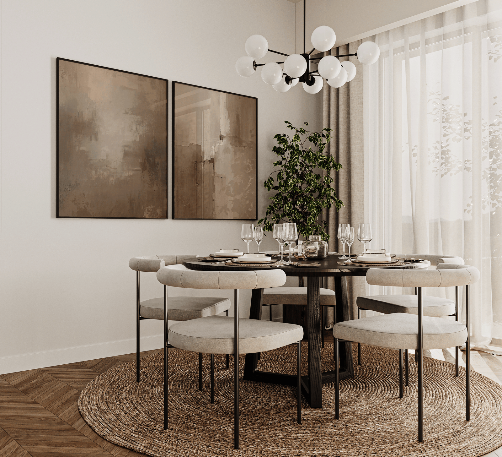 Large earthy beige and brown abstract canvas wall art set in a moody, minimal dining room or kitchen with texture
