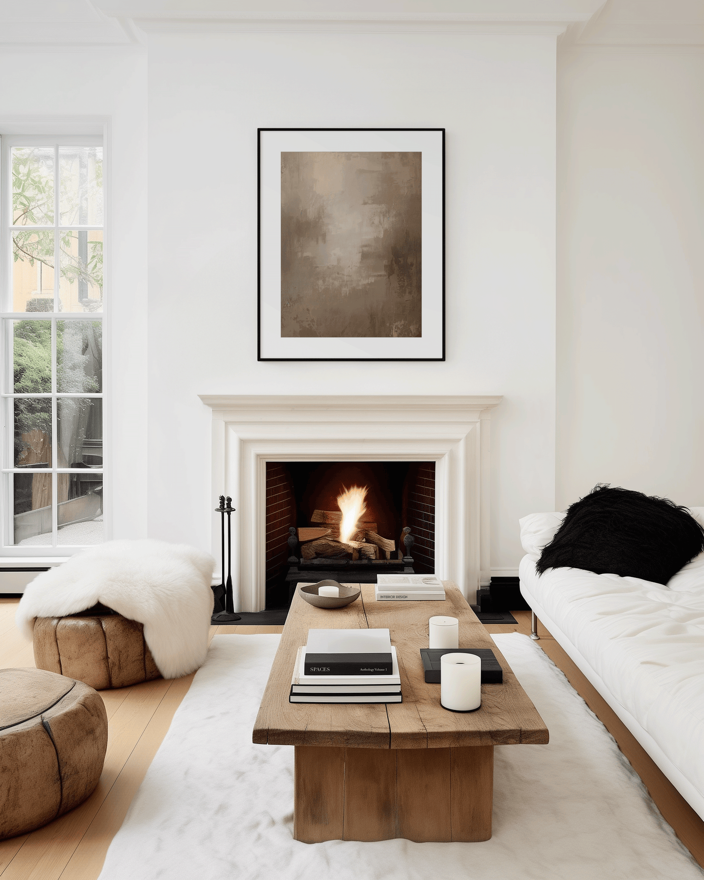 warm neutral abstract artwork in beige and brown tones styled above a fireplace in a cozy modern living room, featuring calm wabi-sabi inspired natural softness