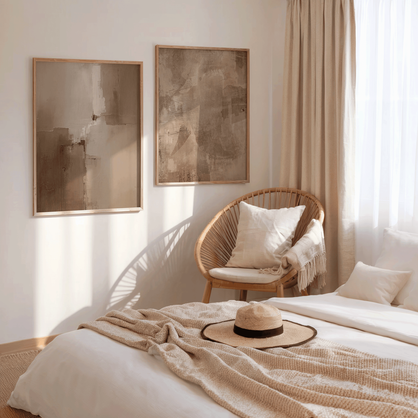 Two large warm beige and brown abstract canvas wall art in light wood frames styled in a cozy neutral, minimalist bedroom.