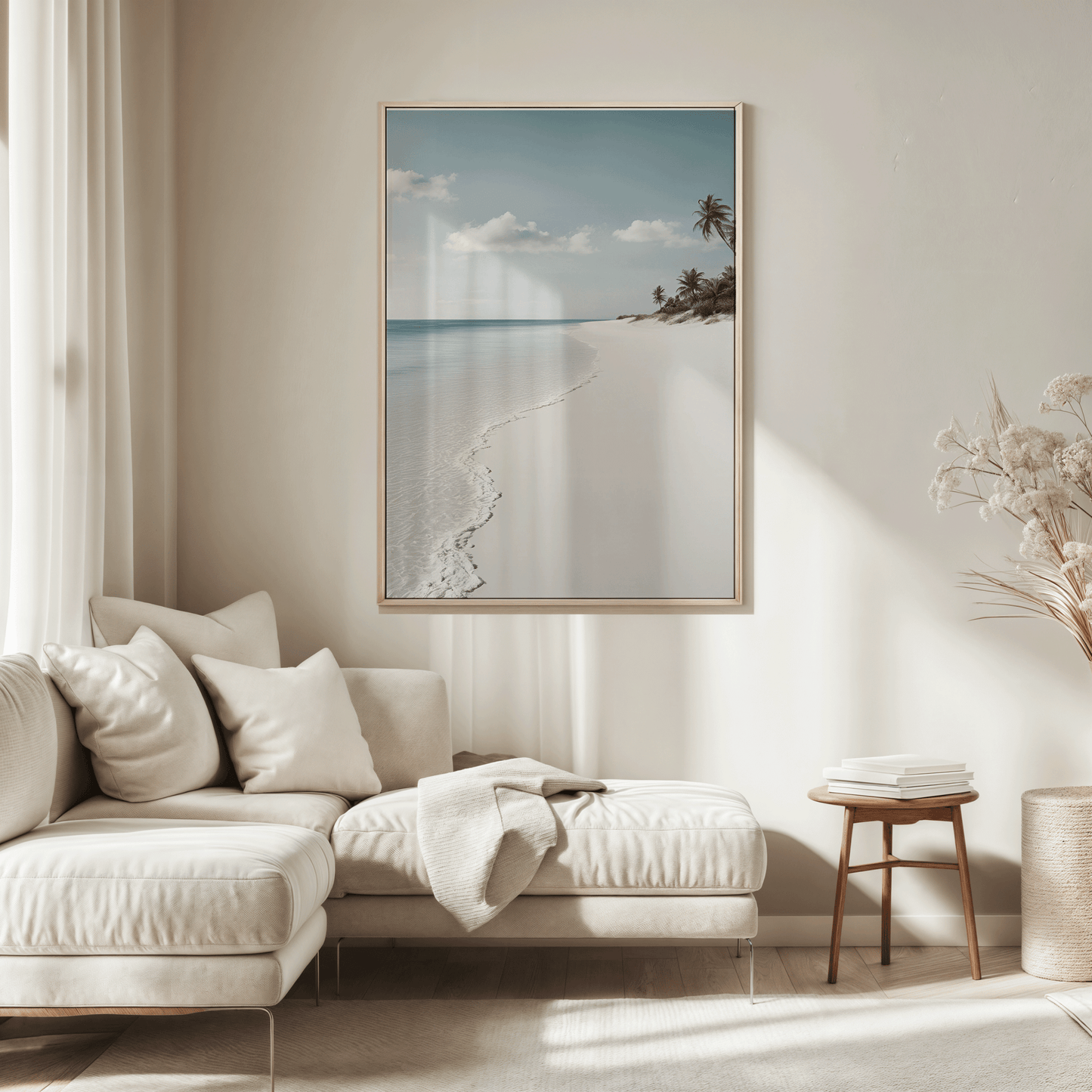 seaside wall art above beige sectional sofa, warm minimalist home with calming coastal tones