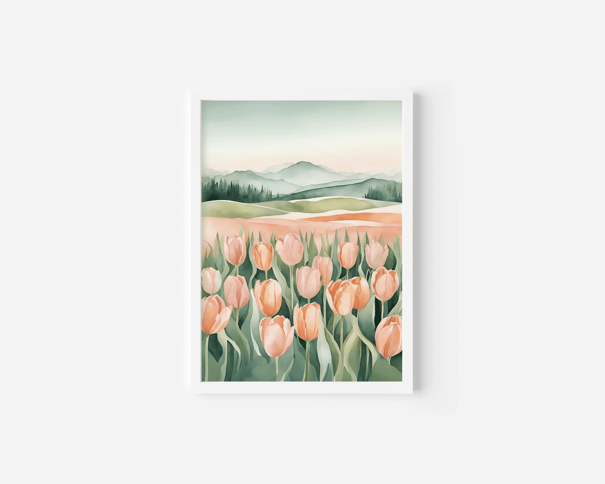 Watercolor tulip field print with peach tulips, sage hills and misty mountains in a white frame