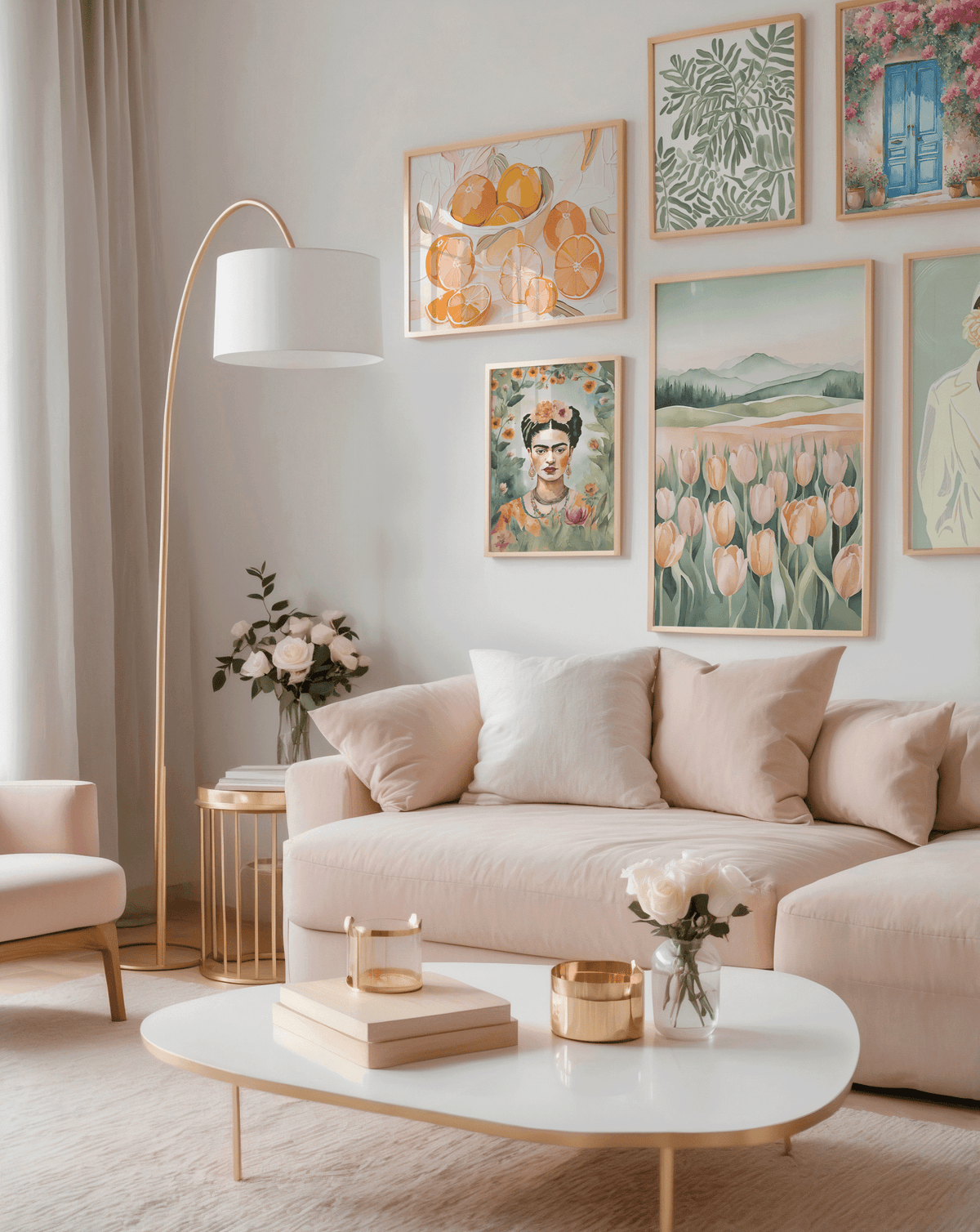 Watercolor tulip print in a gallery wall with citrus and floral prints above a cream sofa