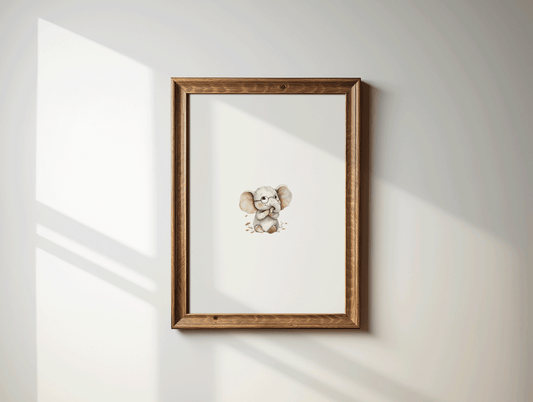 Baby elephant nursery wall art with glasses, framed in brown wood and styled with a brown wooden frame