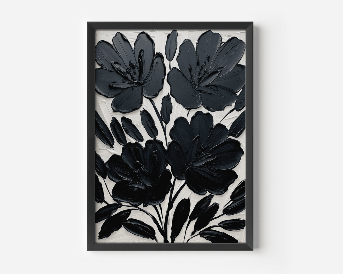 Close-up product photo of modern white and black floral abstract wall art framed canvas print