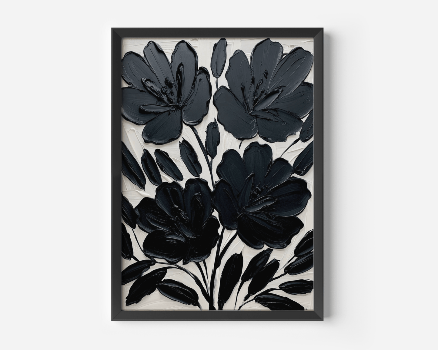 Close-up product photo of modern white and black floral abstract wall art framed canvas print