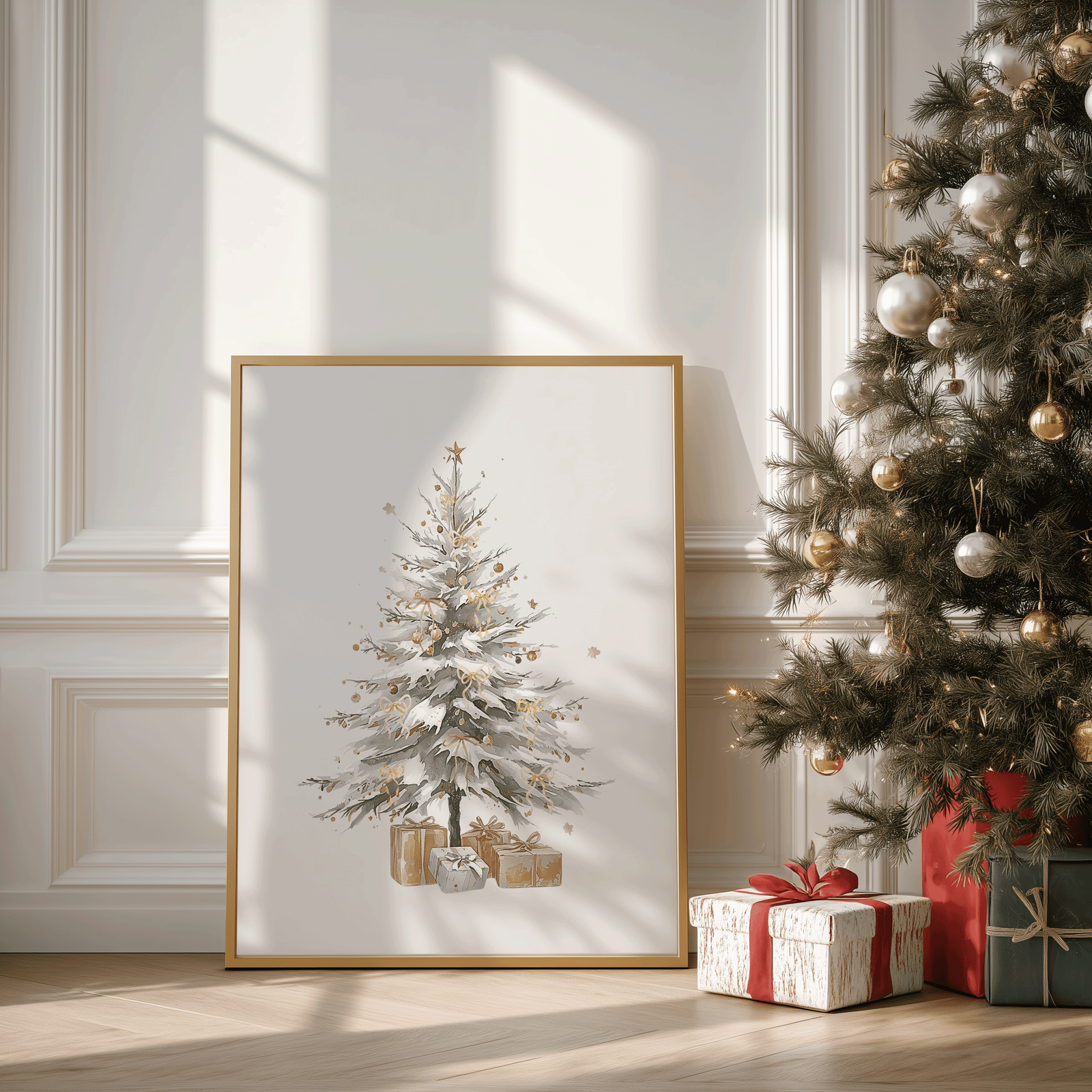 Minimalist elegant, rustic white, green, beige Christmas tree canvas framed wall art print displayed in a neutral living room beside a tree, cozy modern holiday wall art