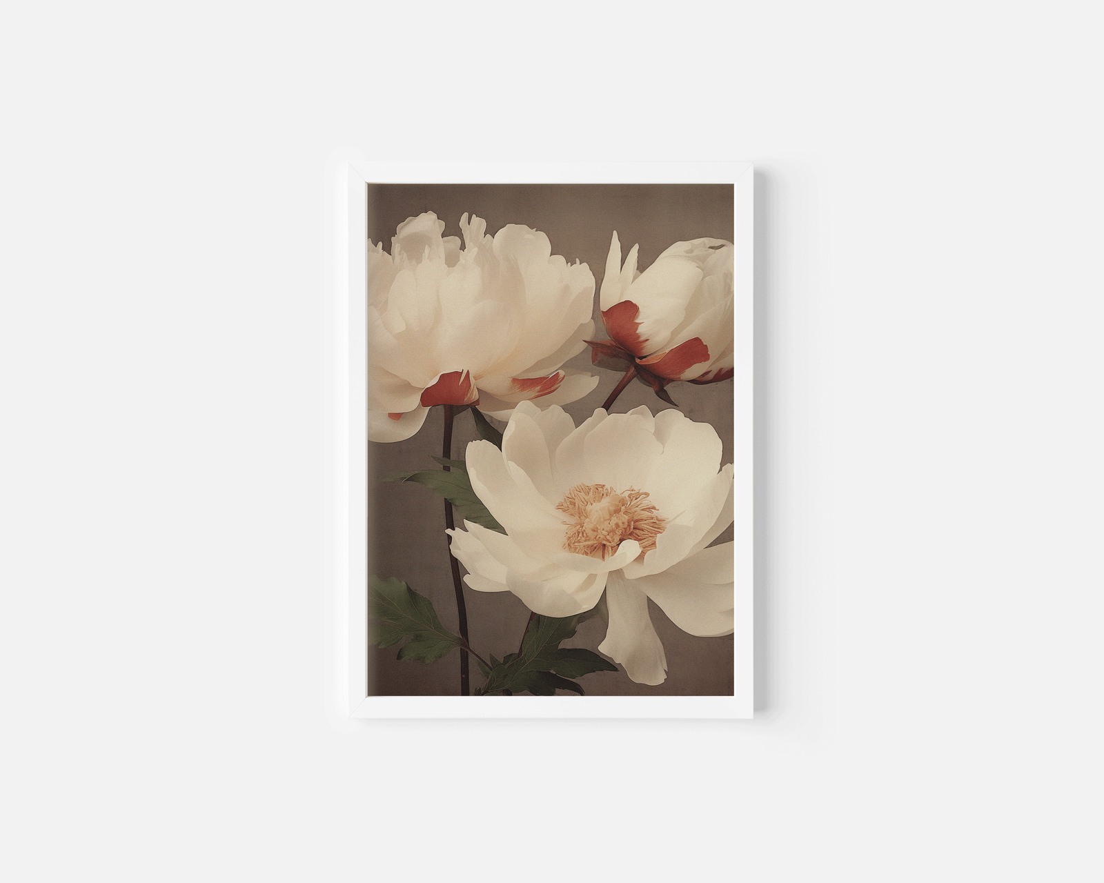 Vintage moody white lotus flower white-framed canvas wall art print on white background displaying elegant botanical design