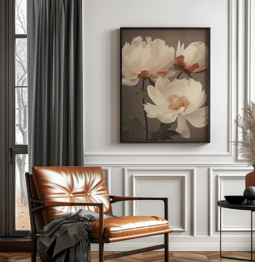 Large black wooden-framed moody and vintage white floral wall art with lotus flowers above brown leather chair in living room