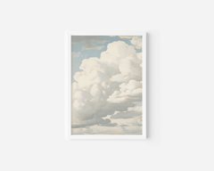 White-framed vintage minimal cloudscape canvas wall art on a white background