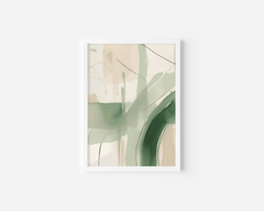 Beige and green abstract wall art with a white frame featuring soft watercolor brushstrokes and minimalist modern design on a white background