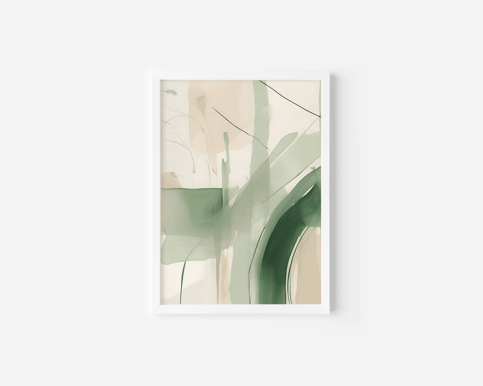 Beige and green abstract wall art with a white frame featuring soft watercolor brushstrokes and minimalist modern design on a white background