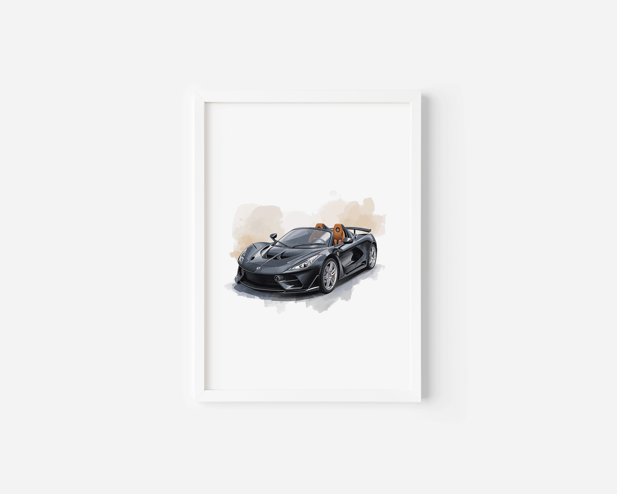 Black watercolour sports car print in a white frame