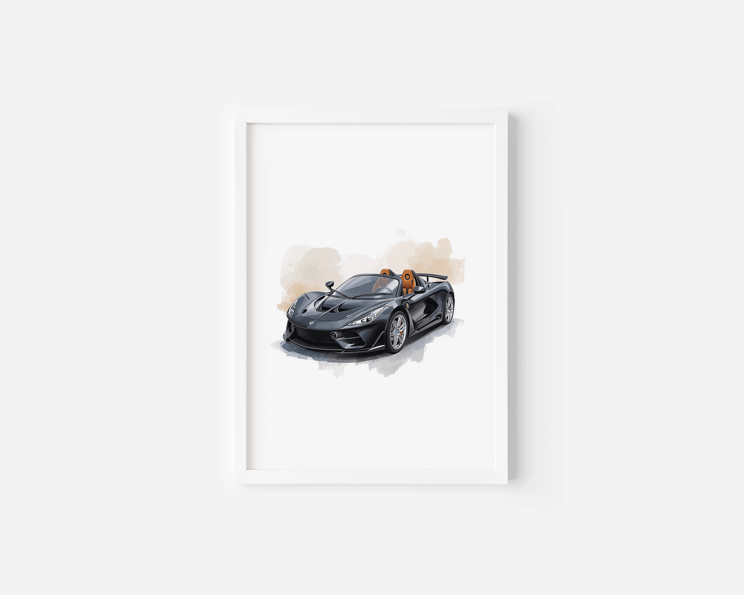Minimalist product photo of a black children’s race car illustration in a white frame, featuring blurred watercolor edges, pale beige background washes, and cartoon-friendly proportions; inspired by hot wheels car wall art
