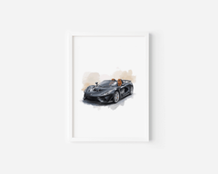 Black watercolour sports car print in a white frame