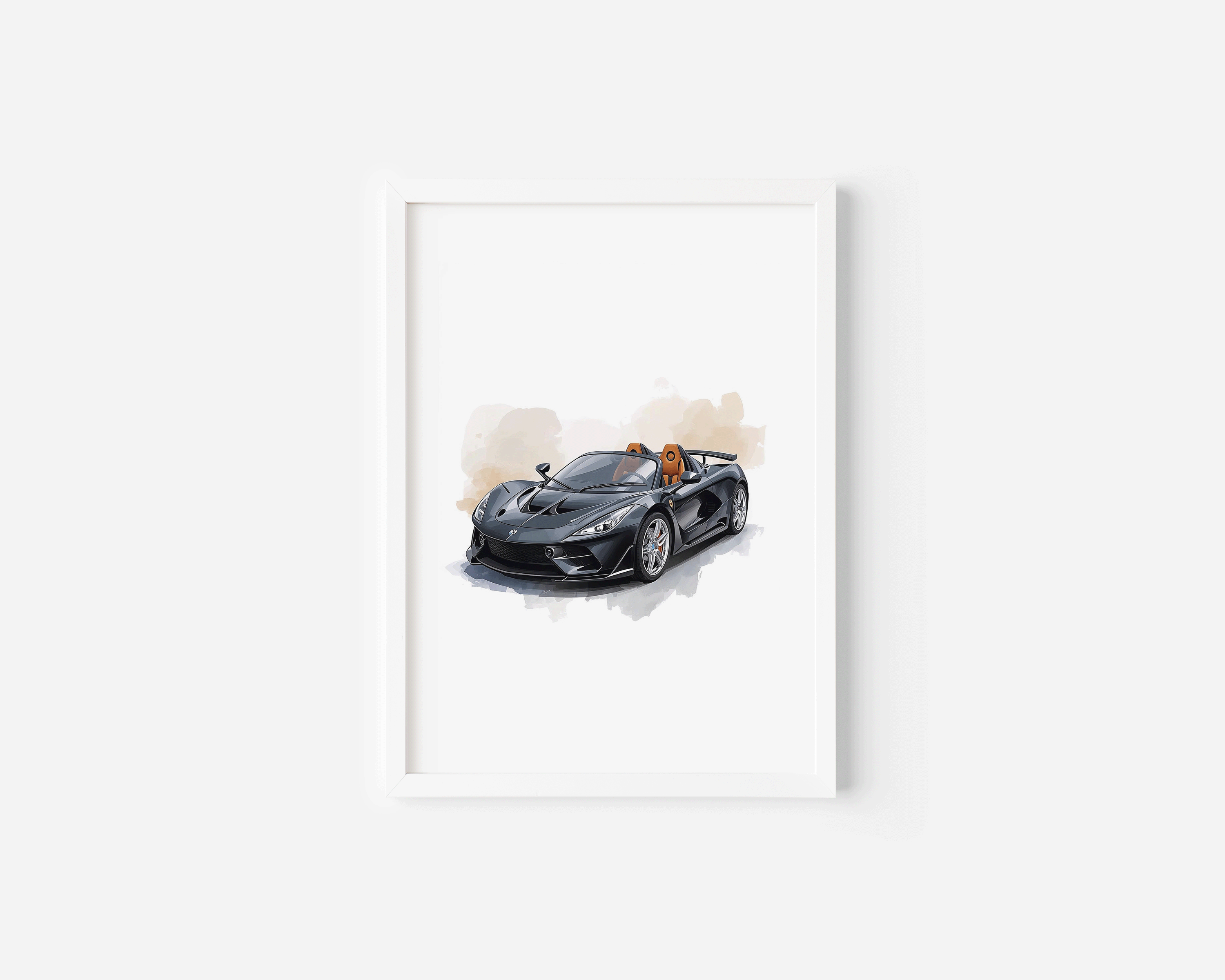 Minimalist product photo of a black children’s race car illustration in a white frame, featuring blurred watercolor edges, pale beige background washes, and cartoon-friendly proportions; inspired by hot wheels car wall art