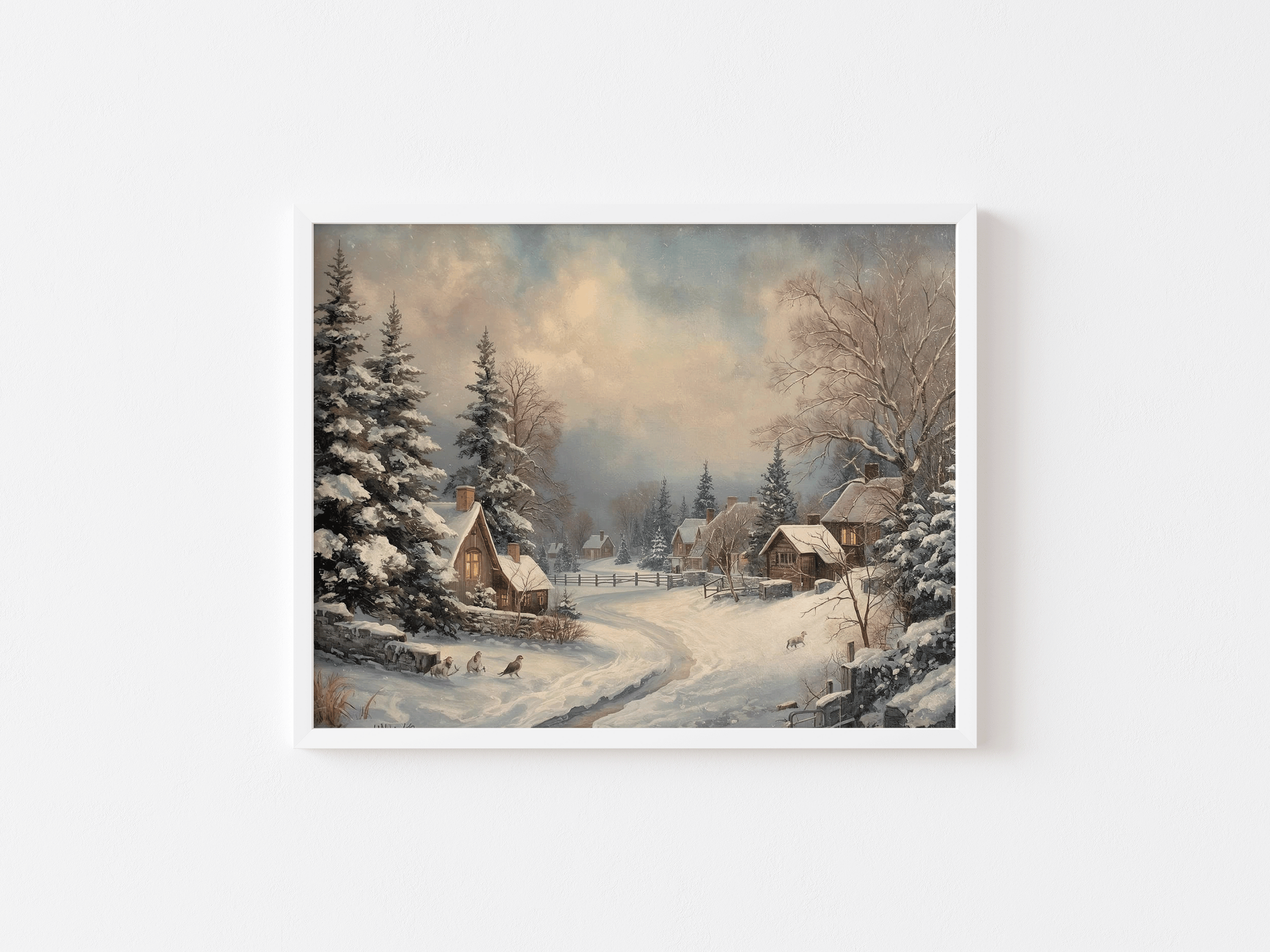White framed winter cottage village holiday wall art with snow-covered homes and trees, perfect for living rooms, dining rooms, hallways and entryway christmas wall decor