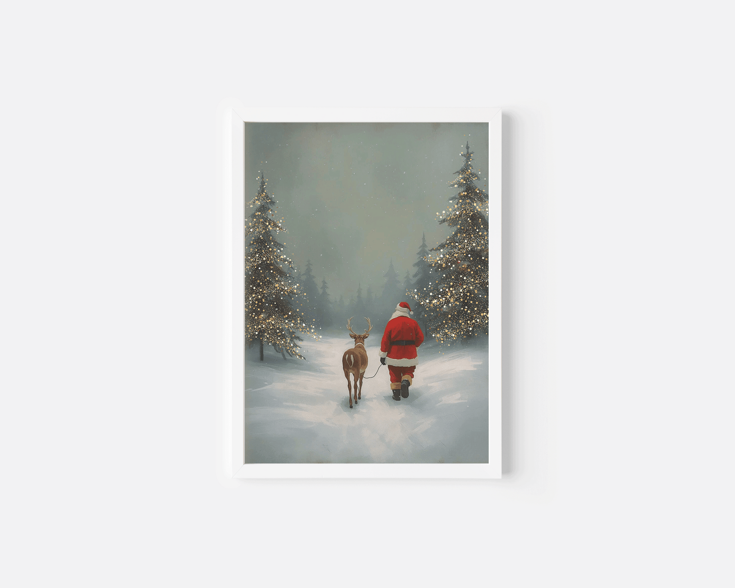 White framed Christmas wall art of Santa and a reindeer in a snowy winter forest, perfect for classic seasonal styling in an entryway, hallway, or bedroom